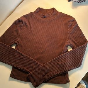 S Brown Ribbed Mock Neck